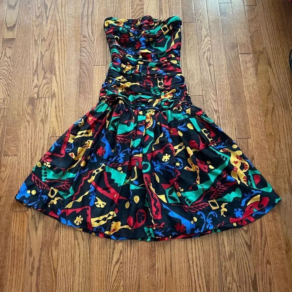 Albert Nipon Vintage 80s Strapless Print Black Dress 100% Silk Sz 6